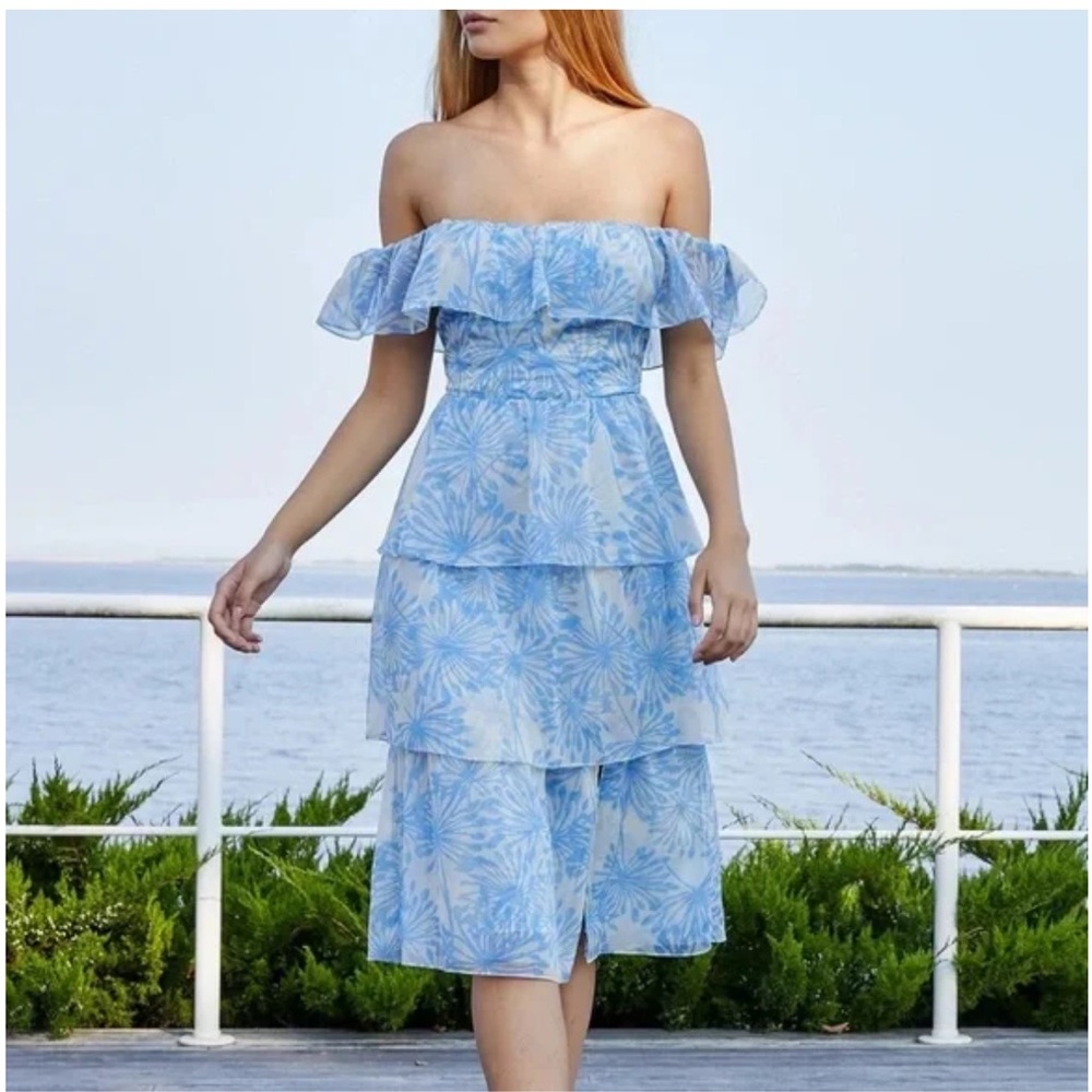Amanda Uprichard Blue and White Off-Shoulder Tiered Midi Dress